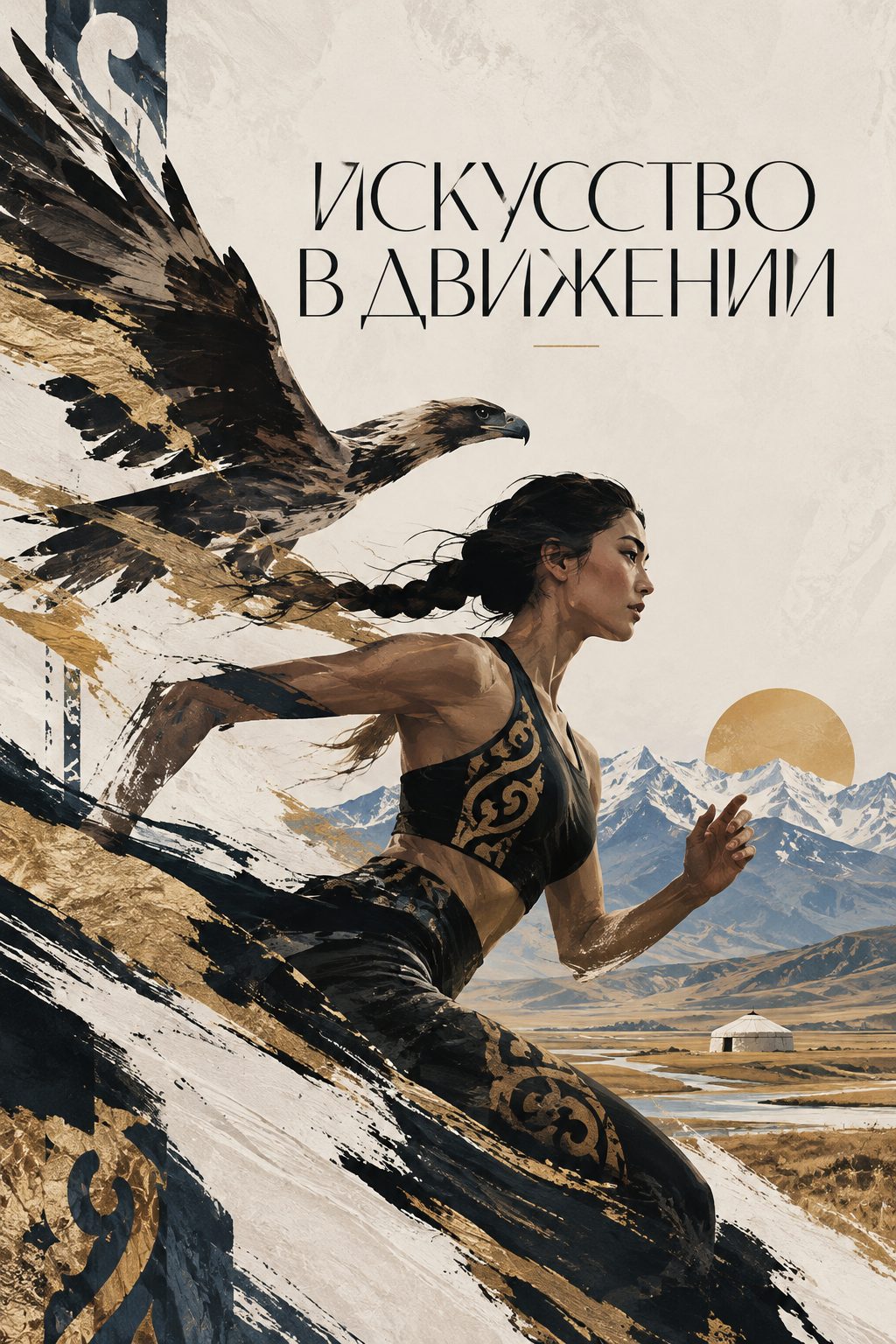 «Қозғалыстағы өнер» постері: қыз далада жүгіріп келеді, үстінде бүркіт, алыста Алатау мен киіз үй